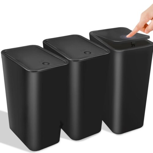 Set van 3 vuilnisemmers voor badkamer met deksel, 10 l, moderne afvalemmer voor slaapkamer, keuken, kantoor, toilet (zwart)