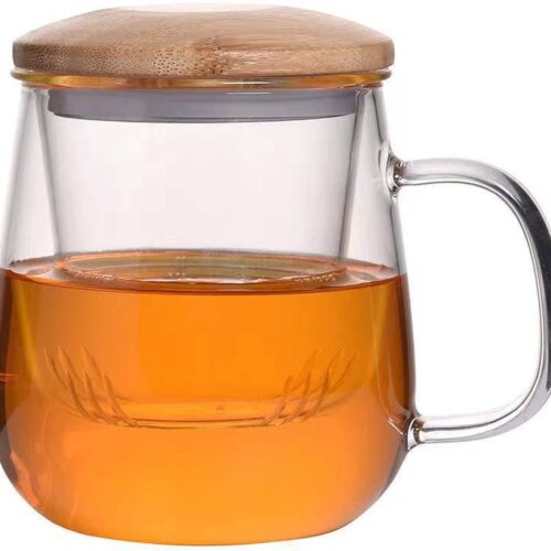 Theeglas met glazen filter en houten deksel/onderzetter - Glas voor losse thee - 420ML