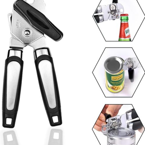 2-delige blikopener, multifunctionele 3-in-1 blikopener van roestvrij staal, draagbare blikopener, handmatige, robuuste blikopener, flesopener met antislipgreep voor artritische handen, keukenaccessoires