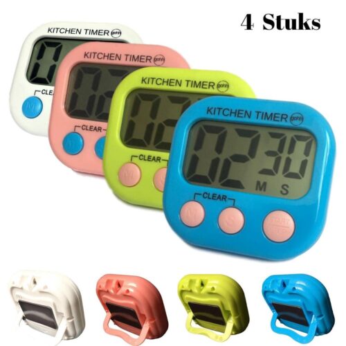 4 Digitale Kookwekkers met Groot Display - Wit, Groen, Roze en Blauw