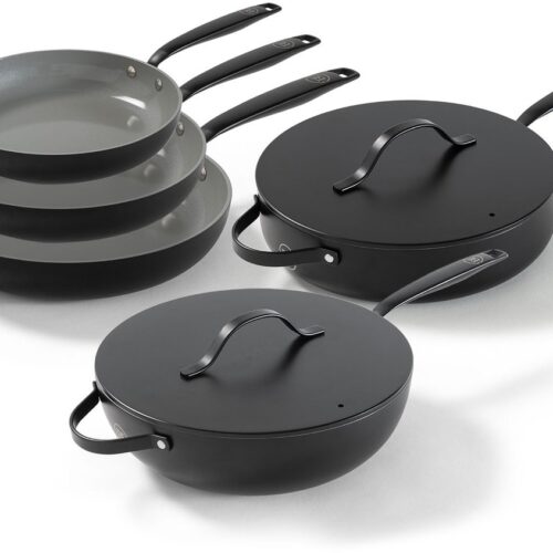 BE Living Essential 5-delige Pannenset - Ø 20, 24 & 28 cm Koekenpan + Ø30 cm Wokpan + Ø28 cm Hapjespan - Koekenpannenset - Keramisch - PFAS vrij - Inductie - Zwart