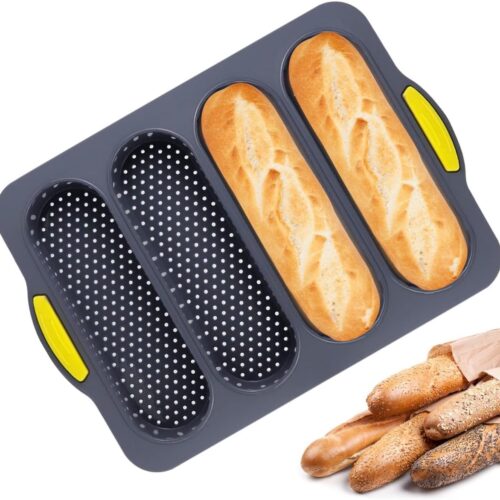Broodbakvorm - Siliconen baguette bakvorm met vier gaten - Antiaanbakvorm voor Frans brood - Siliconen broodvorm - Geschikt voor thuis en restaurant - Geschikt voor bakken, gehaktbrood, bakvorm, broodbakmachine - Donkergrijs