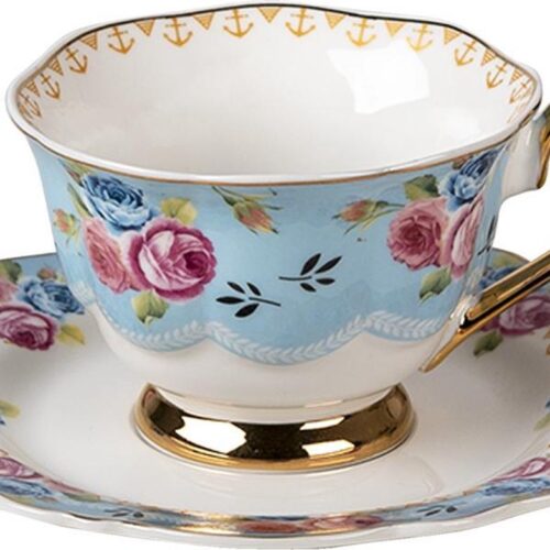 Clayre & Eef Kop en Schotel Blauw Wit Porselein Rond Bloemen