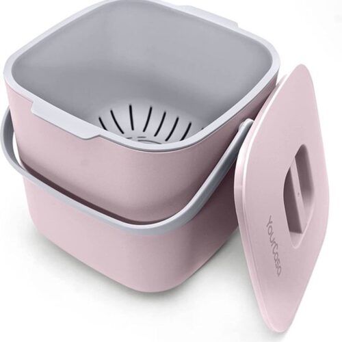 Compostemmer, 7 liter, voor dagelijks biologisch afval in de keuken, vaatwasserbestendig, geurdicht, uitneembaar binneninzetstuk, biologische afvalemmer met deksel, roze