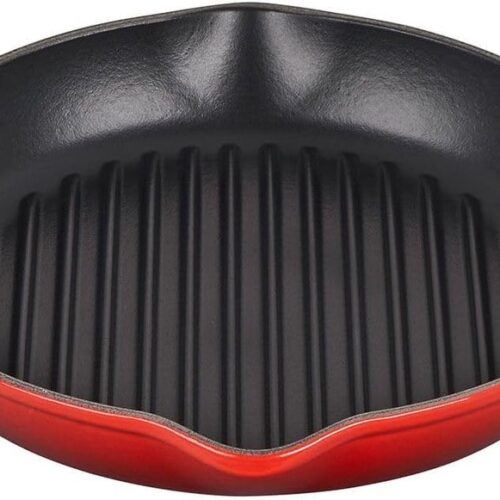 Diepe ronde gietijzeren grillpan 25cm - Geschikt voor alle kookplaten en ovens - Kersenrood