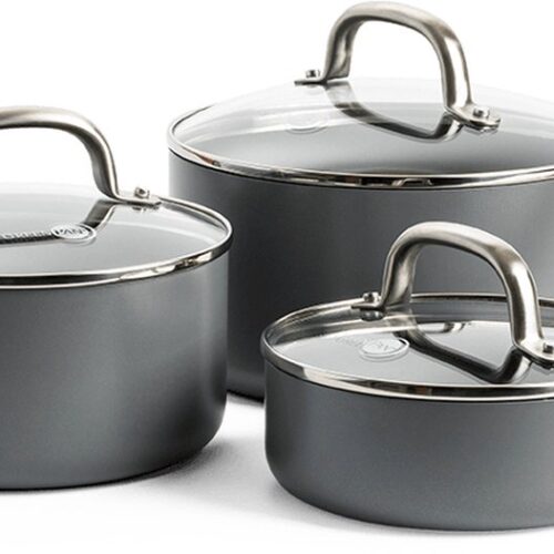 GreenPan Mayflower Pro keramische pannenset 6-delig - 16, 18 en 20 cm - inductie pannenset - inductie steelpannenset - Inductie steelpan - Met glazen deksels - PFAS-vrij - grijs - houten handvat