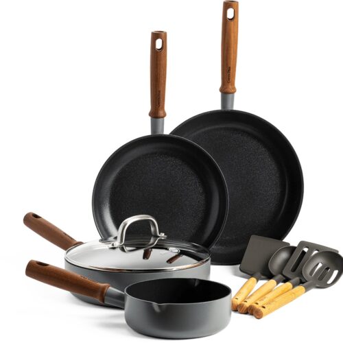 GreenPan Mayflower Pro keramische pannenset 9-delig - 16, 24 en 28 cm - inductie pannenset - inductie koekenpannenset - Koekenpan 24/28 cm - Hapjespan met deksel 24 cm - Steelpan 16 cm - 4 houten spatels - PFAS-vrij - grijs - houten handvat