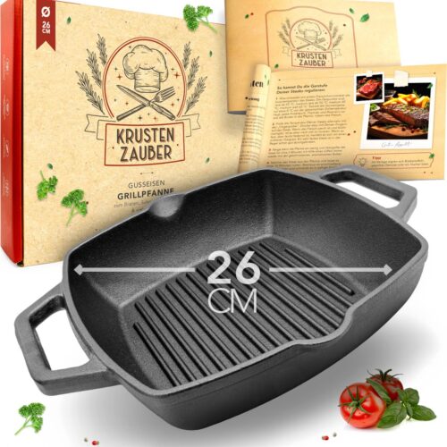 KRUSTENZAUBER 26 cm grillpan inductie dubbel handvat - geribbelde gietijzeren pan inductie - gietijzeren koekenpan voor gas, inductie, elektrisch fornuis