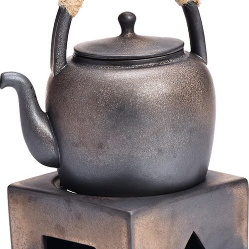 Keramieken Theepot met Theelicht Houder - Waxinelichthouder- Warmhouder - Handgemaakt Aardewerk Zwart 700ML