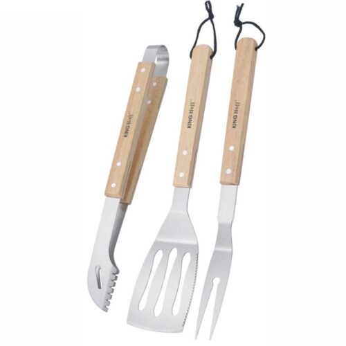 Kinghoff KH-1918 Barbecue Set 3-delig - RVS Grillset met Houten Handvatten - Tang, Spatel en Vork - Uiteraard ook geschikt voor Gasbarbecues , Kamado , Green egg en Weber.