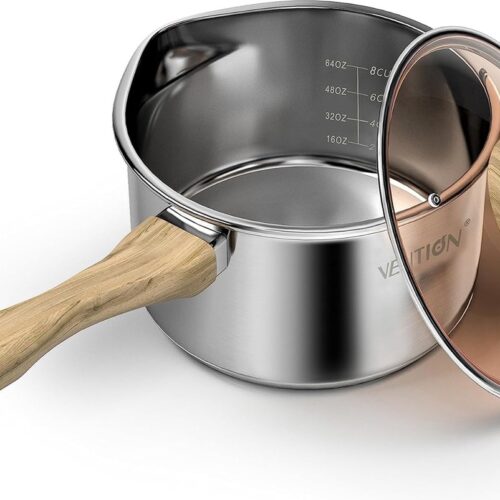 Roestvrijstalen steelpan, inductie, kleine kookpan met deksel 18 cm, 2 liter steelpan met schenktuit