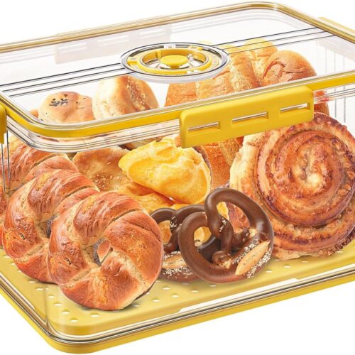 Vershouddoos, broodtrommel voor zelfgebakken brood, luchtdichte broodtrommels voor aanrecht, tijdregistratie broodbewaarcontainer met deksel, broodcontainers, luchtdichte broodbewaardoos, groot, geel