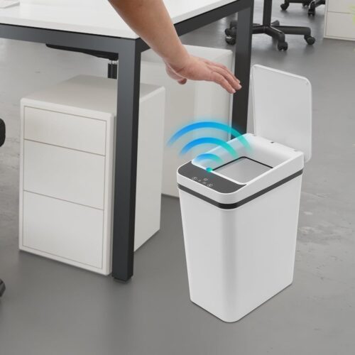 ZVD Automatische prullenbak met deksel sensor vuilnisemmer, 12 liter badkamer afvalemmer, bewegingssensor vuilnisemmer, hoogte: 23,5 x 15,8 x 32 cm, wit.