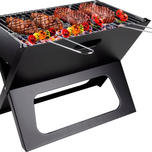 alpina Tafel BBQ Houtskool - Tafelgrill met Grillplaat en Deksel - Compacte Barbecue met Grillplaat - Tafelbarbecue Draagbaar - Ideaal voor Buiten - Zilver