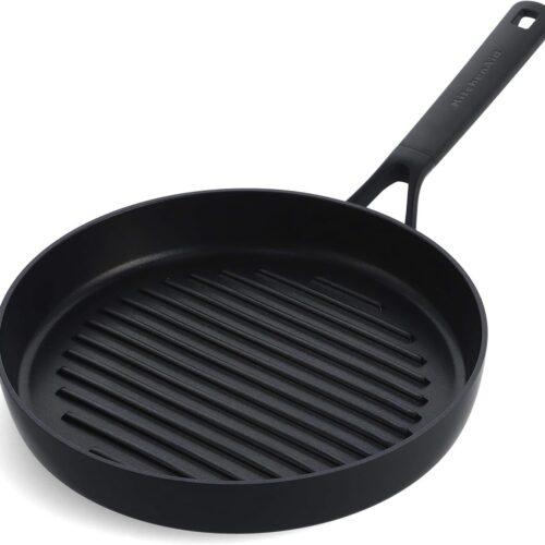 28 cm Grillpan - Hardgeanodiseerde Aluminium Antiaanbakplaat - PFAS-vrij, Inductie, Oven- en Vaatwasserbestendig, Zwart