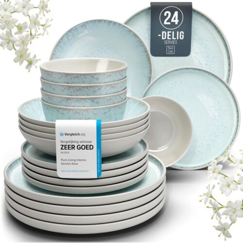 Aardewerk Servies Set Ibiza 24-delig - Vaatwasser-, Magnetron- en Krasbestendig Servies - Moderne Kommen en Borden Set voor 6 Personen - Tafelservice Pure Living in Lichtblauw-Beige