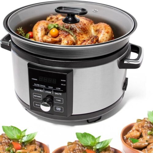 ApexArte® Slowcooker met Timer - Keramische Binnenpan - Hotpot - Zilver en Zwart