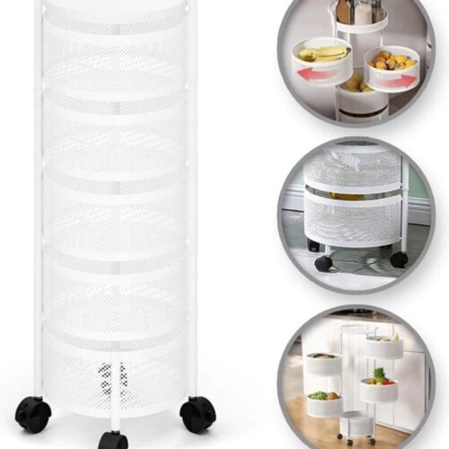 Bij Zia - Keukentrolley rond - 5 laags - Keukentrolley op wieltjes - Keukenrek op wielen - Opbergkast met manden - Carbon staal - 30 x 30 x 90 cm (LxBxH) - Wit