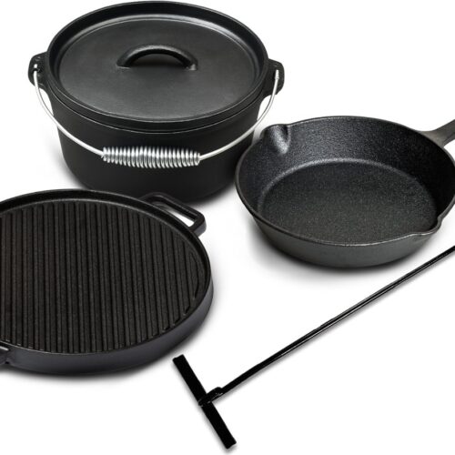 Blackwell Dutch Oven BBQ set Gietijzer - Braadpan + Lifter, Koekenpan ø 20 cm & Grillplaat ø 30 cm - 4 Delig
