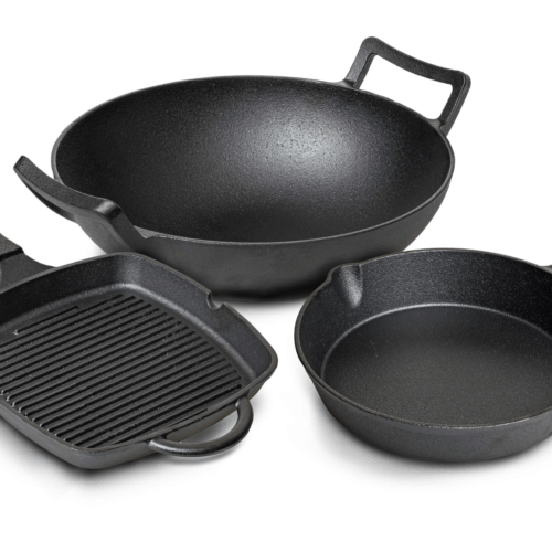 Blackwell Pannenset Gietijzer - Grillpan 23 x 23 cm, Koekenpan ø 25 cm & Wok ø 32 cm - 3 Delig