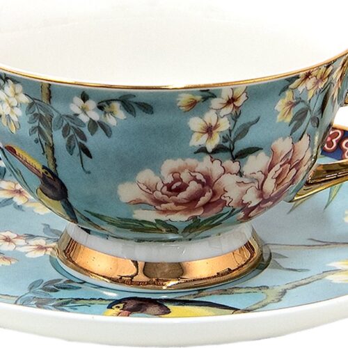 Clayre & Eef Kop en Schotel 200 ml Blauw Goudkleurig Porselein Vogels