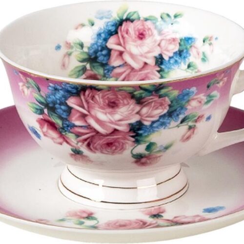 Clayre & Eef Kop en Schotel 200 ml Paars Porselein Bloemen