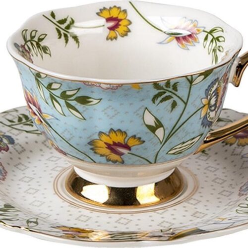 Clayre & Eef Kop en Schotel 200 ml Wit Blauw Porselein