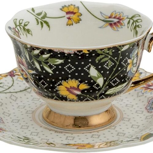 Clayre & Eef Kop en Schotel 200 ml Wit Zwart Porselein Bloemen