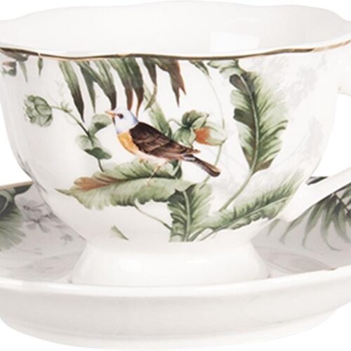 Clayre & Eef Kop en Schotel 220 ml Wit Groen Porselein Vogels