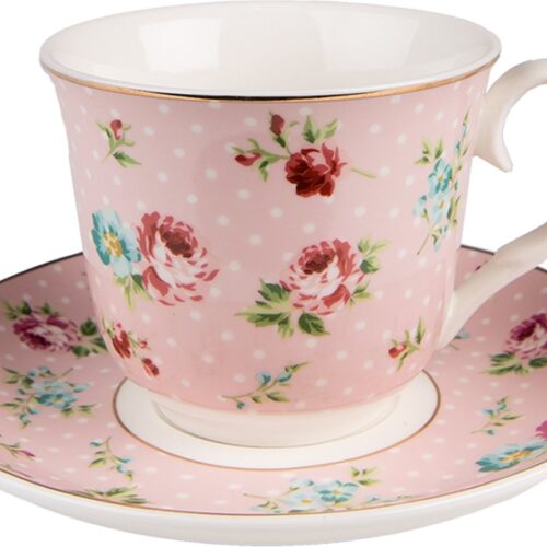 Clayre & Eef Kop en Schotel 250 ml Roze Porselein Bloemen