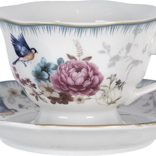 Clayre & Eef Kop en schotel 220 ml Wit Roze Porselein Rond Bloemen Servies