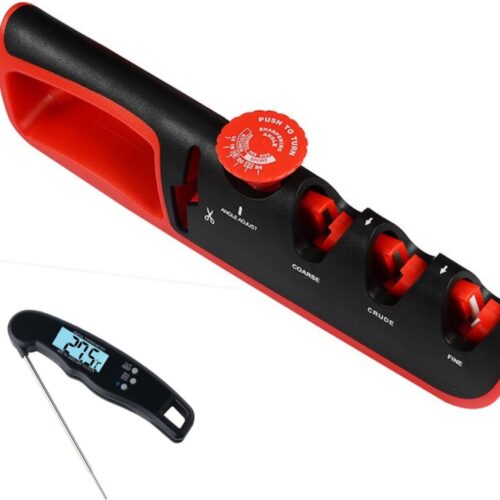 DAKANNA® - Messenslijper - Aanzetstaal Mes - Slijper Schaar - Slijpsteen Diamant - Cadeau - Antislip - Zwart / Rood - Inclusief Vleesthermometer
