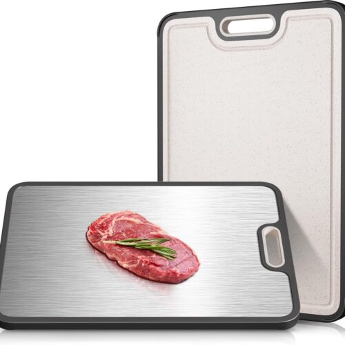 Dubbelzijdige GR1 snijplank van titanium en tarwestro, 15"*10" snijplank voor de keuken, niet-giftige snijplank voor vlees en groenten, antislip siliconen rand, sapgroef