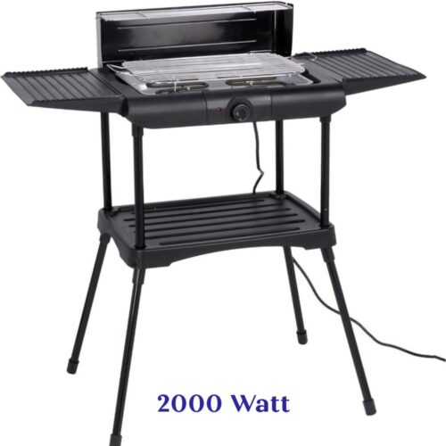 Elektrische Barbecue - 2000W- Staand Model - Grilloppervlak (LxB) 36x24 cm -Zijtafels - Compact- Zwart