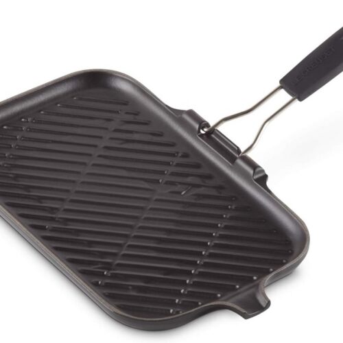 Geëmailleerde gietijzeren grote rechthoekige grillpan met inklapbare handgreep - vetarm koken op inductie en andere kookplaten