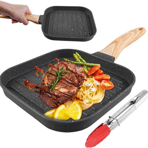 Grillpan met handvat 19 x 20 cm - Antiaanbak Steakpan voor Kippenvleugels, Steak en Pannenkoeken - Geschikt voor Alle Warmtebronnen - Zwart