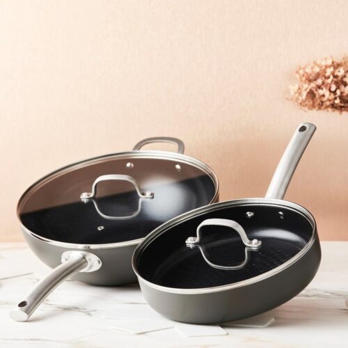 ISENVI Murray Combideal - Hapjespan en wokpan - RVS grepen - Antraciet - Keramisch - 100% PFAS, PTFE en PFOA vrij - 100% duurzaam - Unieke Antiaanbaklaag - Non-stick bodem - Vaatwasbestendig - Geschikt voor alle warmtebronnen inclusief inductie