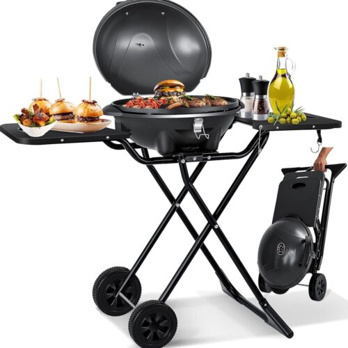 Kesser Tafelbarbecue, elektrisch, 2-in-1, met deksel en voet, max. 2400 watt, inklapbaar, thermometer, antiaanbaklaag, grillplaat en tafelblad, 2 wielen, zwart