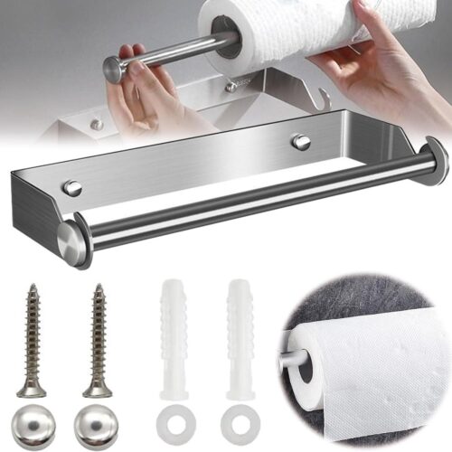 Keukenrolhouder, keukenpapierhouder, wandmontage, papierrolhouder, rolhouder, wandrolhouder, roestvrij staal, keukenrollen voor keukenrolhouder, voor keuken, kast, badkamer (zilver, 27 cm)