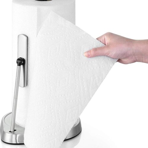 Keukenrolhouder, staande papierrolhouder van roestvrij staal, rolhouder, keukenrolhouder, perfect voor keuken en eetkamer, stabiele basis en spanarm, zwart