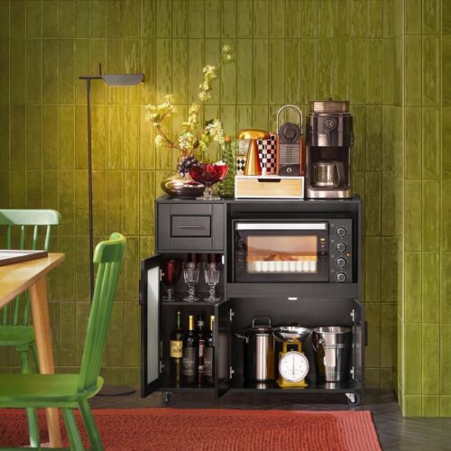 Keukenwagen - Keukenkast - Keukentrolley - Opbergkast - Glazen Deur - Verstelbare Plank - Wieltjes Met Rem