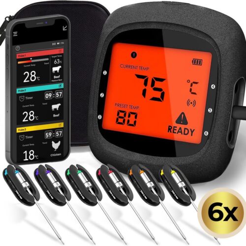 MostEssential PRO-3 Digitale Vleesthermometer - BBQ Thermometer - App - Bluetooth 5.0 - 100M Bereik - Inclusief 6 Meetsondes & Luxe Opberghoes