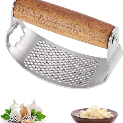 Mrs. Jones Roestvrijstalen knoflookpers - Basculer Knoflookpers met Houten Handvat en Flesopener Ontwerp - Handmatige Knoflookmolen - Keukenknoflookpers - Roestvrijstalen Knoflookmolen .