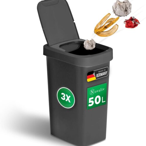 Novaliv set van 3 vuilnisbakken 50L met 2-in-1 deksel, scharnierend deksel & zwaaideksel, anti-geur afvalbak voor keuken huishouden kantoor, afvalemmer afvalbak plastic afvalcontainer afvalbak