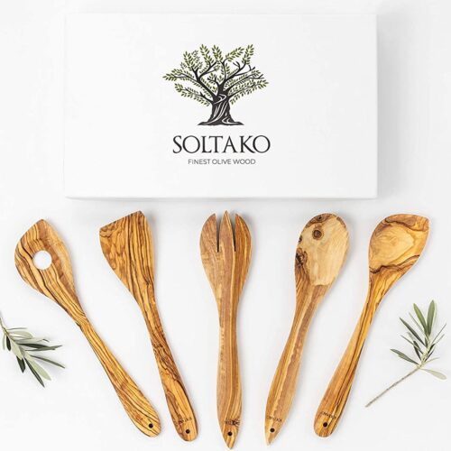 Olijfhouten lepel Bestek kooklepel rijstlepel spatel vork slabestek slavork keukenhulp Bestekset, lengte: 30 cm (5 stuks kooklepel + slabestek)