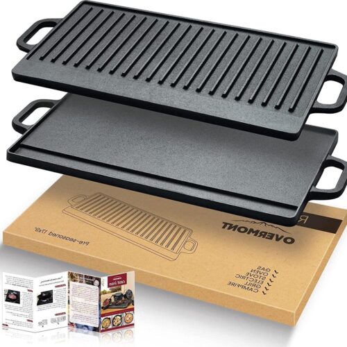 Omkeerbare grillpan voor gasfornuis en open vuuroven - 20 x 92 inch - Pre-seasoned gietijzeren pan met handgrepen & schrapers