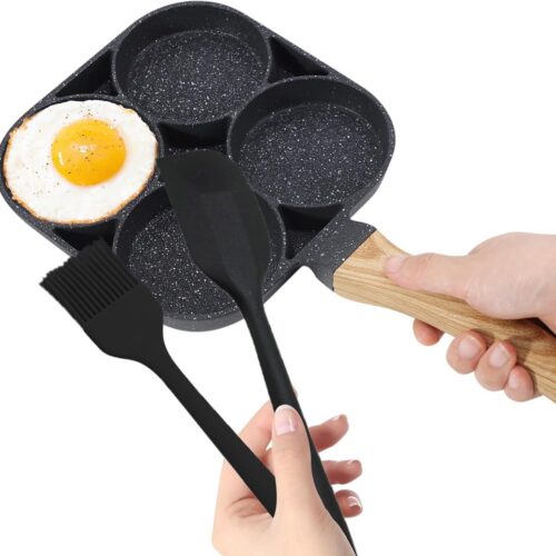 Pannenkoekenpan, 4-gaats spiegeleipan, spiegeleipan, antiaanbakpan voor eieren met siliconenborstel en siliconen spatel, voor inductiekookplaat gasfornuis spiegeleipan