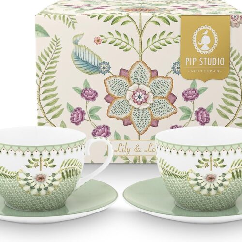 Pip Studio Lily & Lotus Light Green Kop en schotel set van twee - Groen - Porselein