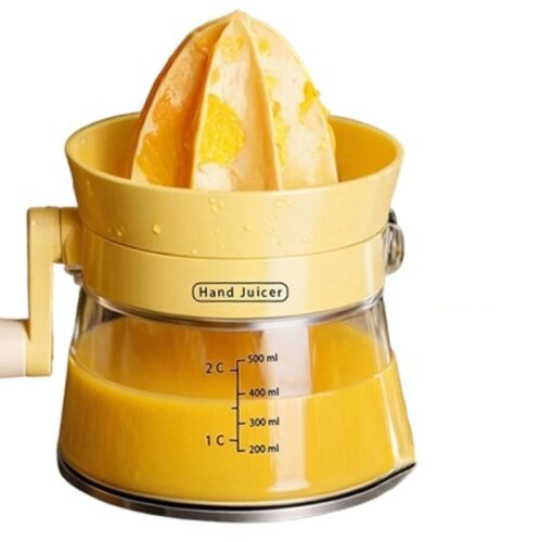 Sapcentrifuge-Met draaibare kruk-Handmatige sapcentrifuge- Groente- en fruitsappers- handgreep en meetmondstuk-Geschikt voor keuken-huis-buiten-kamperen-1 stuk-geel