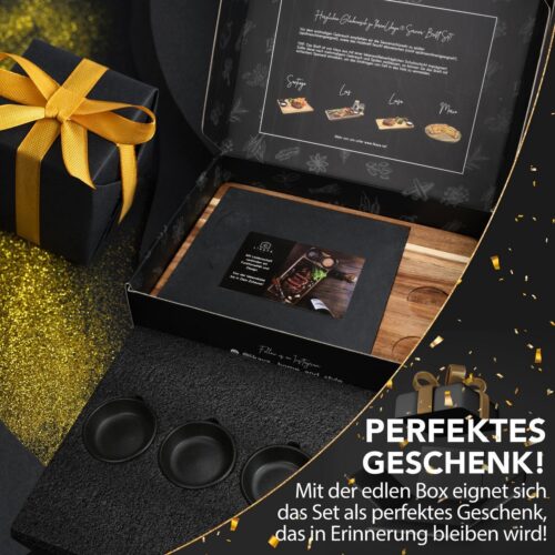 Serveerset XXL - Luxe Serveerplank van FSC® Acaciahout met Leisteen | 2x Serveerplank + 4 x Saus schaaltjes | Duurzaam & Elegant | verpakt in mooie geschenkdoos